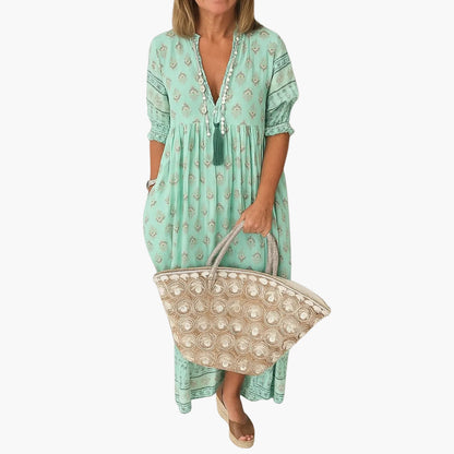 Damen Boho Midi Kleid mit Taschen und Quasten, Sommer Freizeitkleid