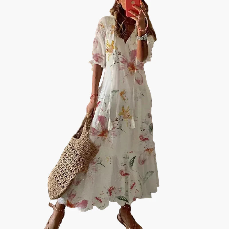 Damen Boho Maxikleid Sommer Freizeitkleid mit Blumenmuster und V-Ausschnitt – Perfekt für Strand & Alltag