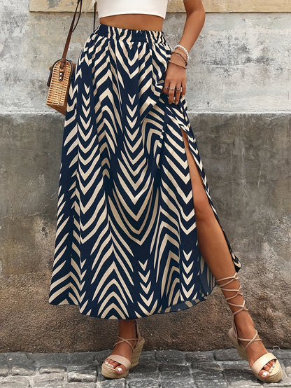 Damen Maxirock mit grafischem Muster und Schlitz – Boho-Chic für besondere Anlässe