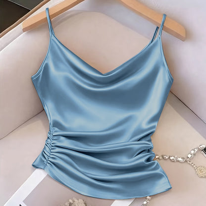 Damen Satin-Camisole mit Wasserfallausschnitt und Raffungen – Elegantes Oberteil für Abend und Party