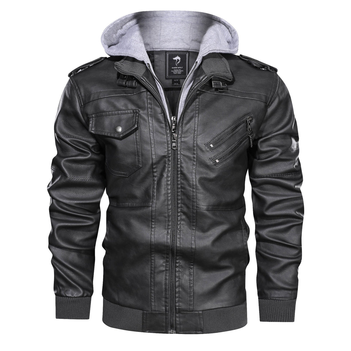 Herren Jacke mit Kapuze in Leder-Optik Reißverschlüssen