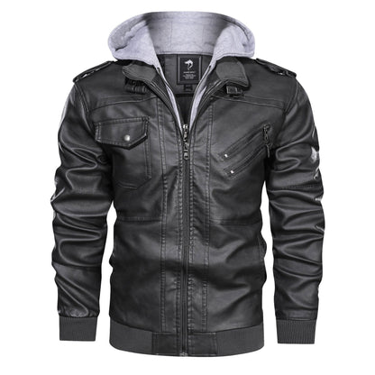 Herren Jacke mit Kapuze in Leder-Optik Reißverschlüssen