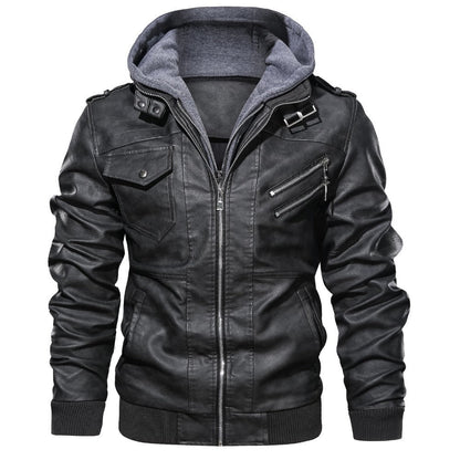 Herren Jacke mit Kapuze in Leder-Optik Reißverschlüssen