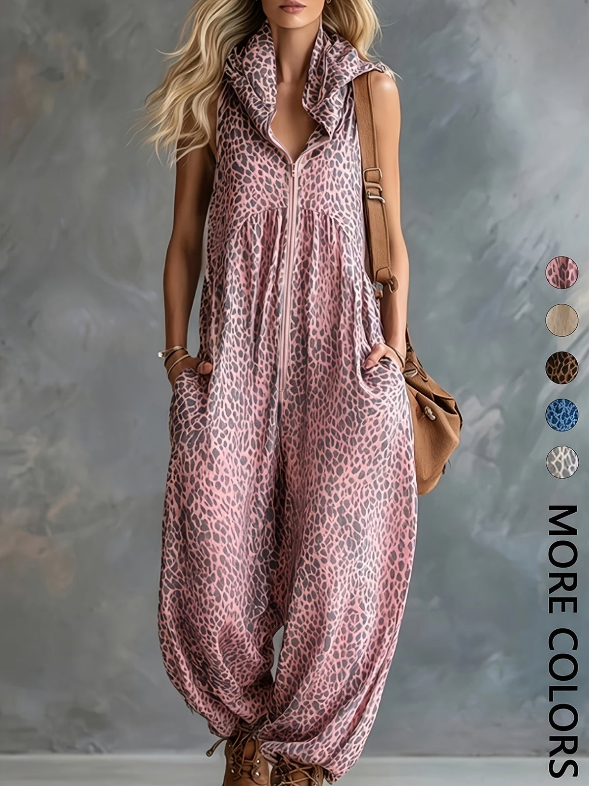 Damen Jumpsuit ärmellos mit Leopardenmuster Kapuze Reißverschluss und Taschen