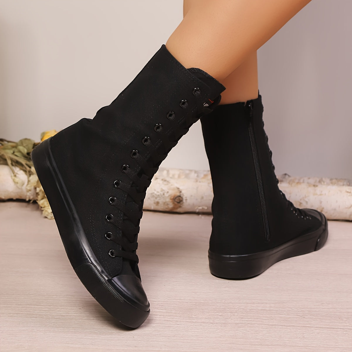 Damen High-Top-Sneaker Schnürstiefel mit Reißverschluss, Knöchelhoch, Stoffoptik