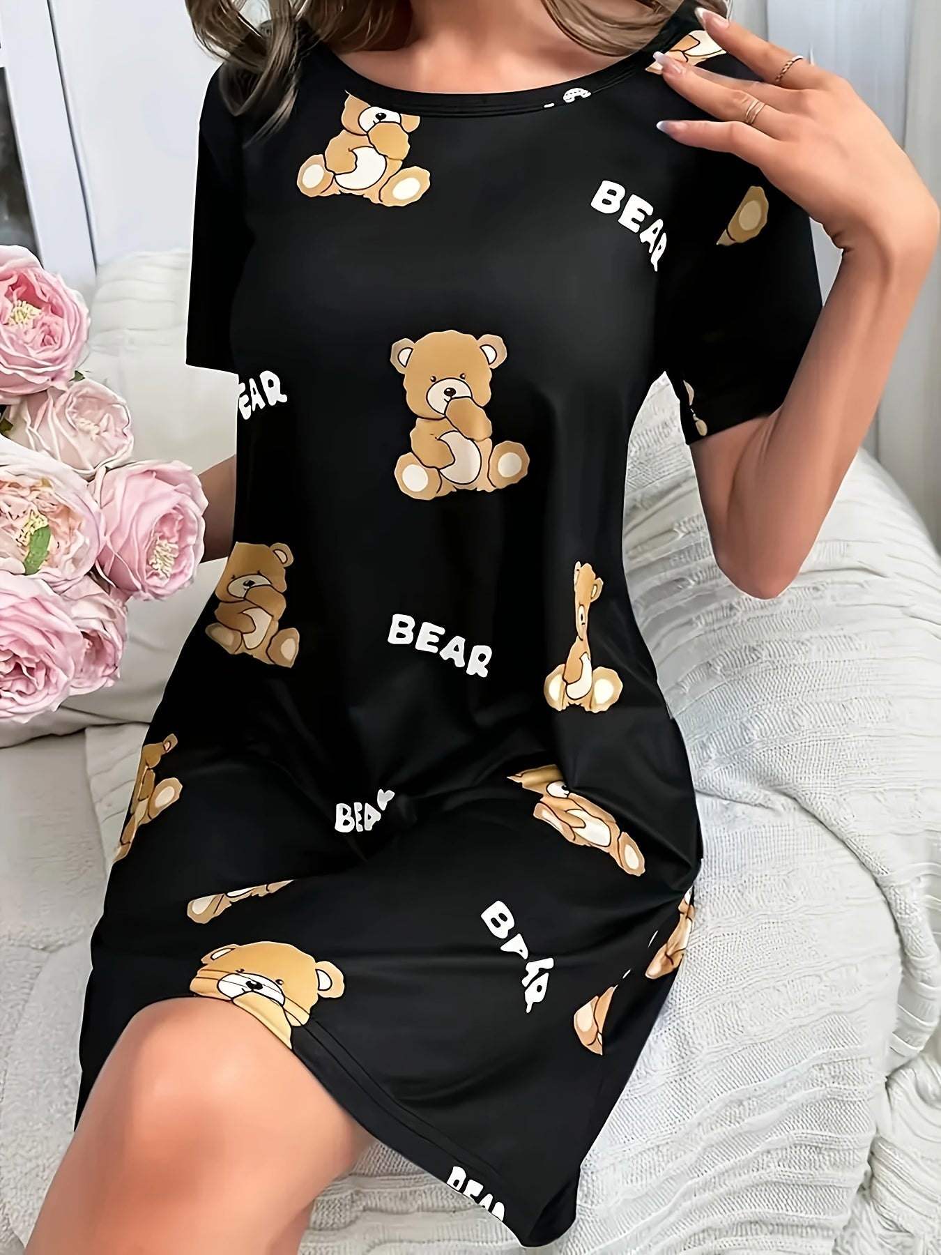 Damen Nachthemd mit Bären-Print – Bequemes Cartoon-Tunika Schlafkleid für Erwachsene