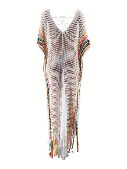 Damen Boho Strand Kaftan Netzkleid mit Fransen – Perfektes Badebekleidungs-Cover-Up