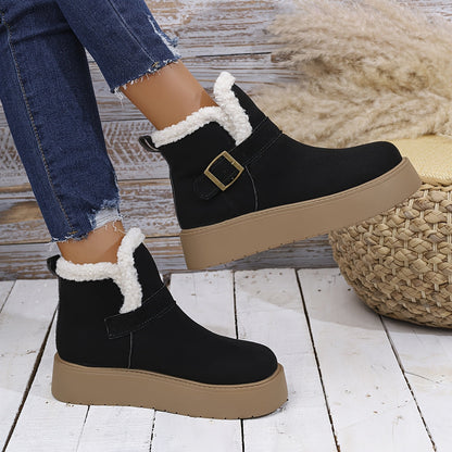 Damen Plateauschuh Winterstiefelette Schwarz mit Kunstfellfutter & Schnalle