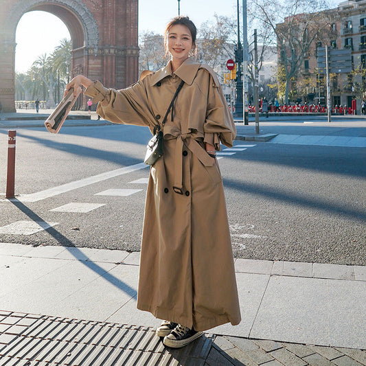 Damen Langer Trenchcoat Khaki mit Gürtel und Doppelreihe Knöpfen