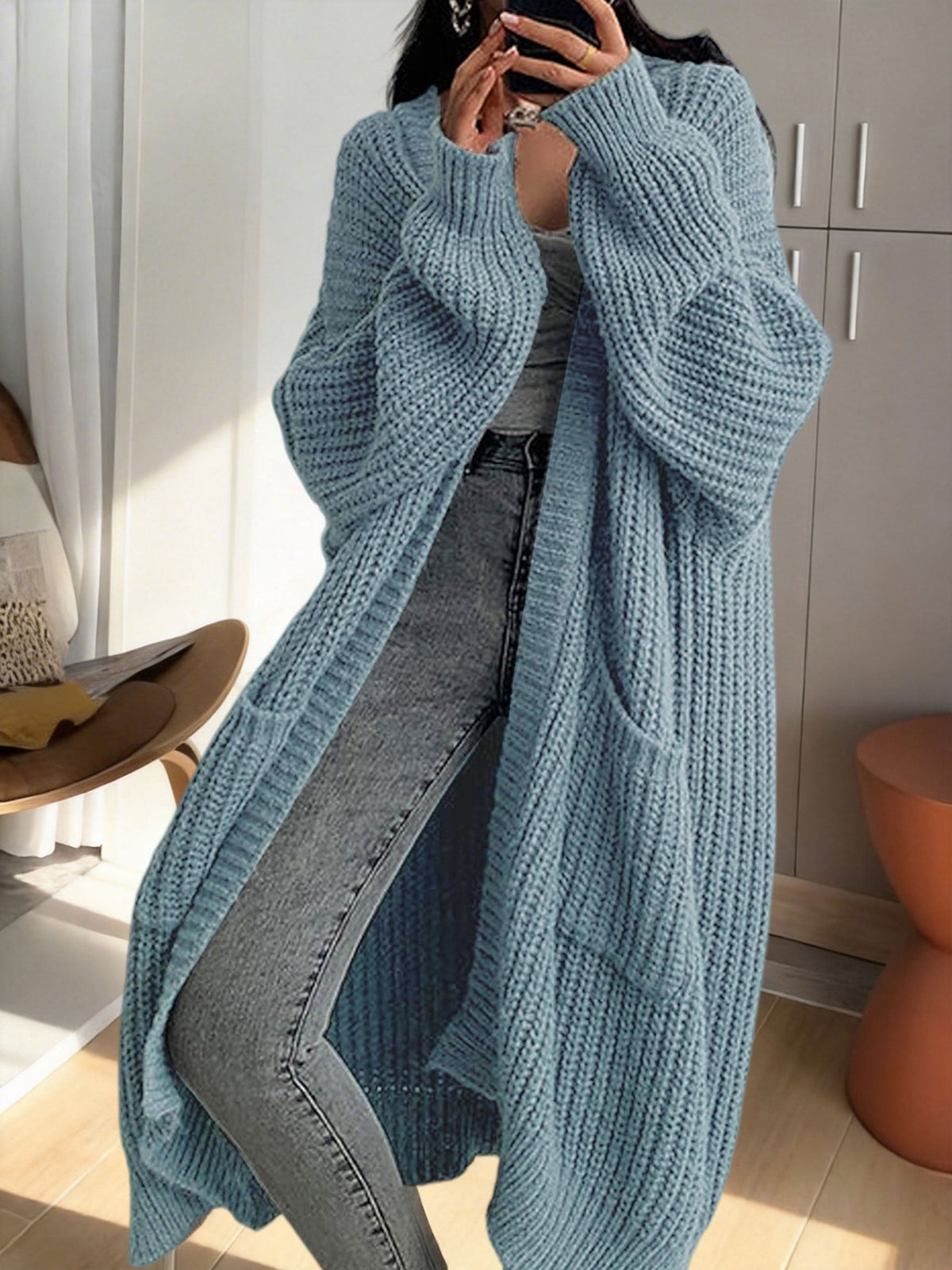 Damen Oversize Strick-Cardigan Lang Offene Front mit Taschen – Lässiger Streetstyle
