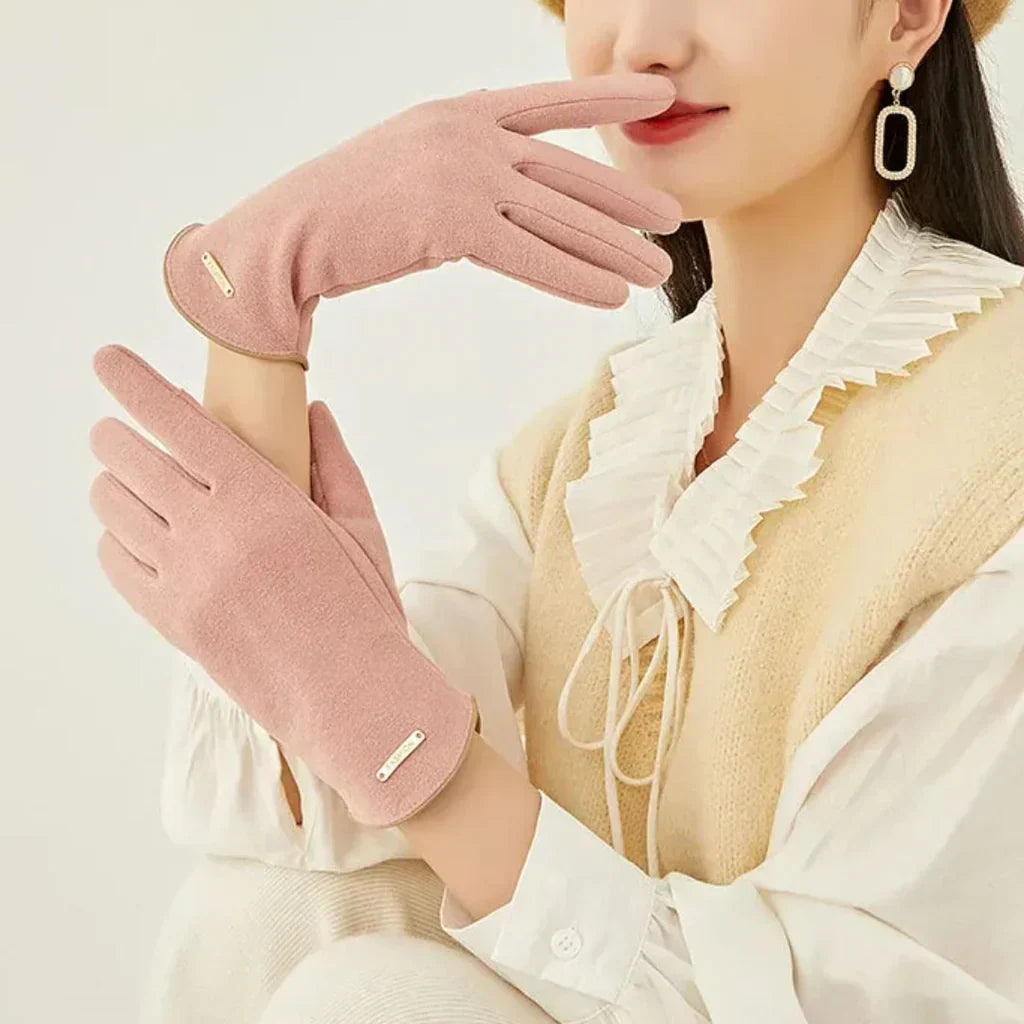 Damen Handschuhe aus weichem Material mit Zierapplikation, Khaki