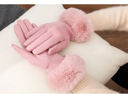 Damen Handschuhe mit Kunstfellbesatz, weich gefüttert, Rosa