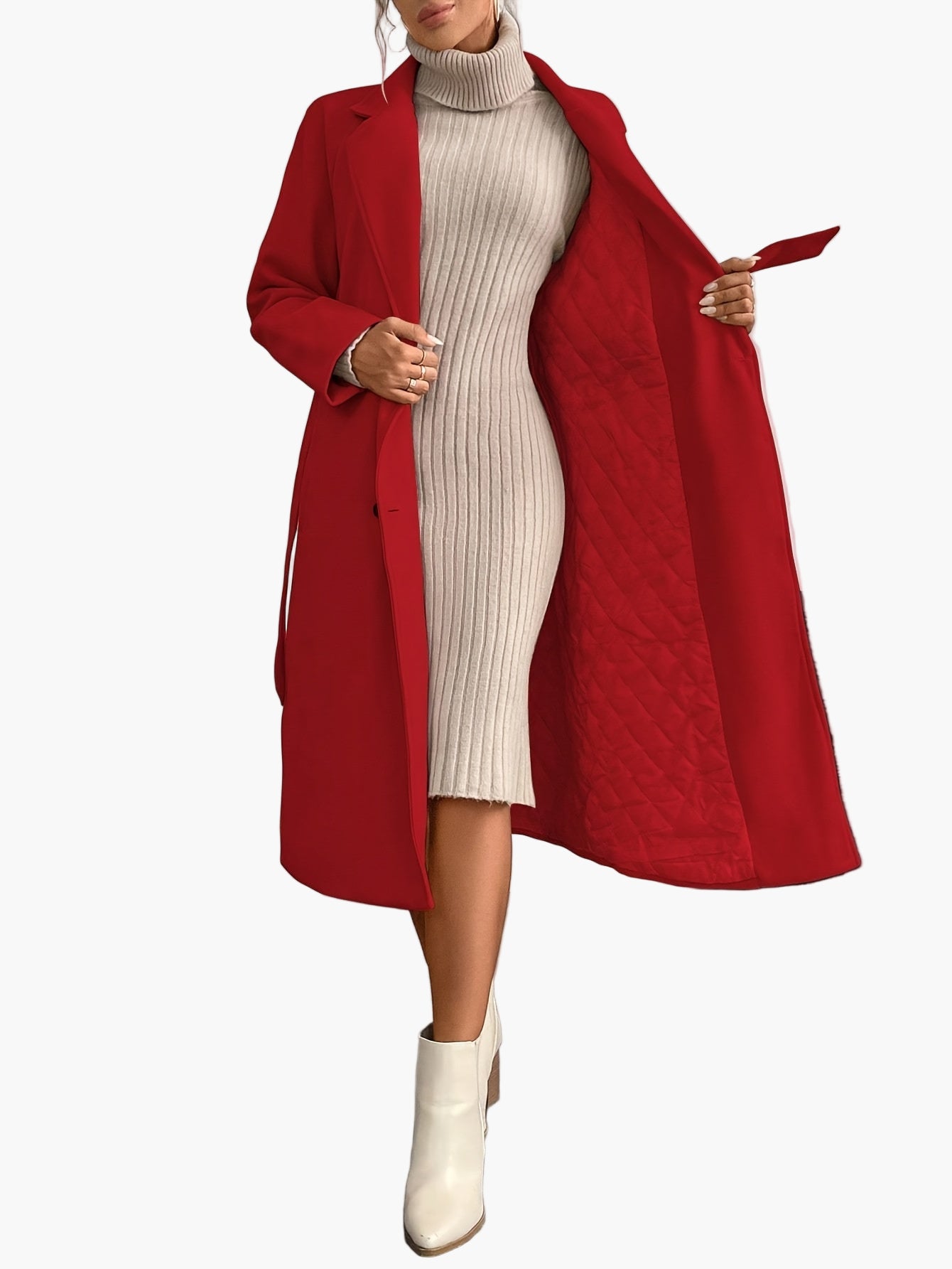 Damen Eleganter Wintermantel mit Gürtel – Langer Veganer Wollmantel für Büro und Alltag