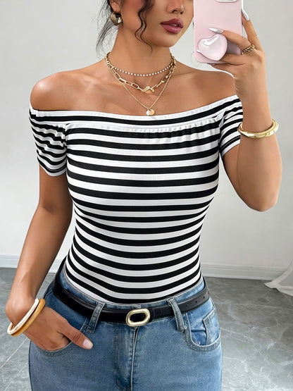 Damen Off-Shoulder Streifenshirt – Elegantes, Schulterfreies Oberteil für Alltag und Freizeit