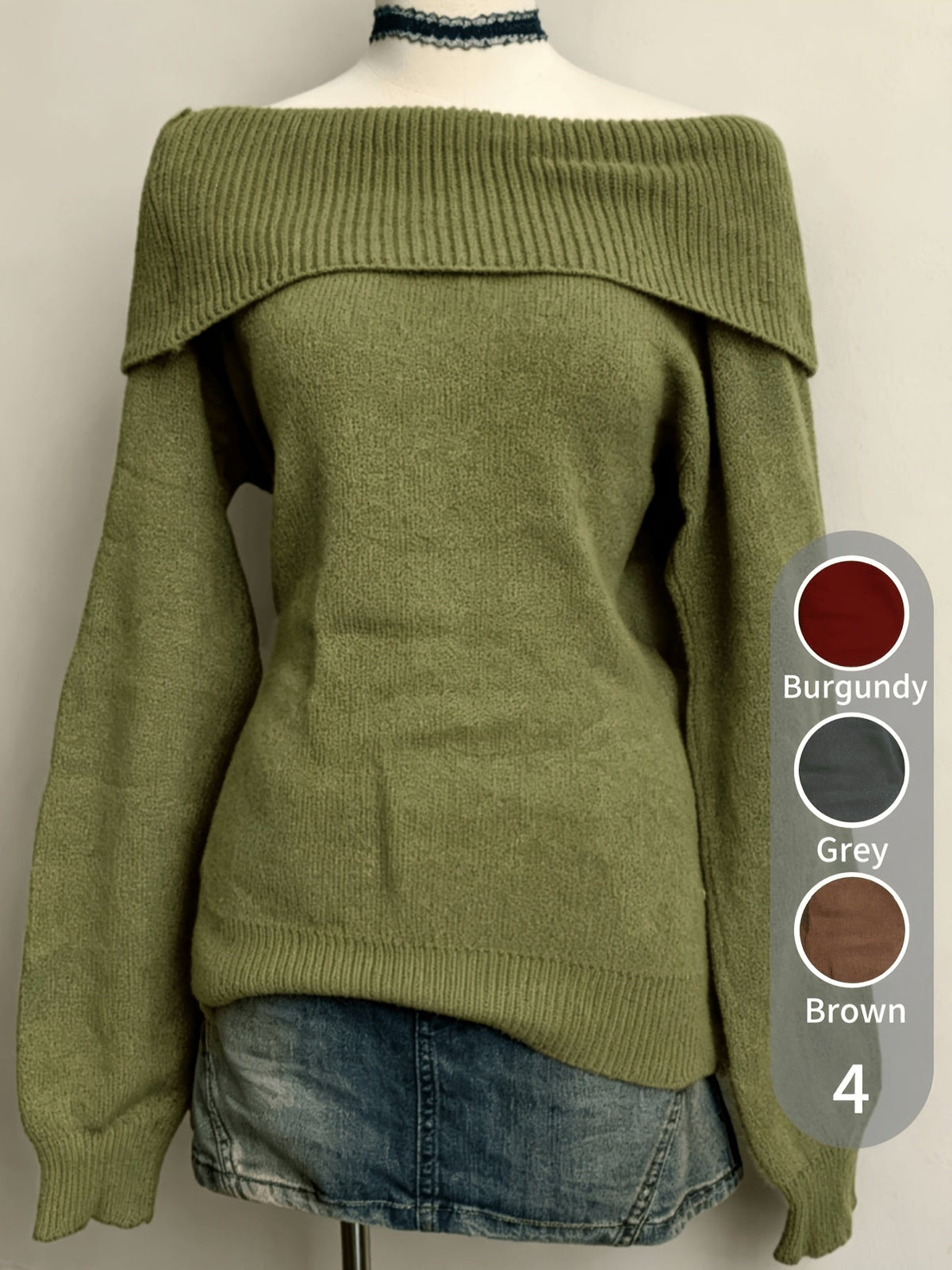 Damen Schulterfreier Pullover mit breitem Rippkragen – Lockere Passform, verschiedene Farben