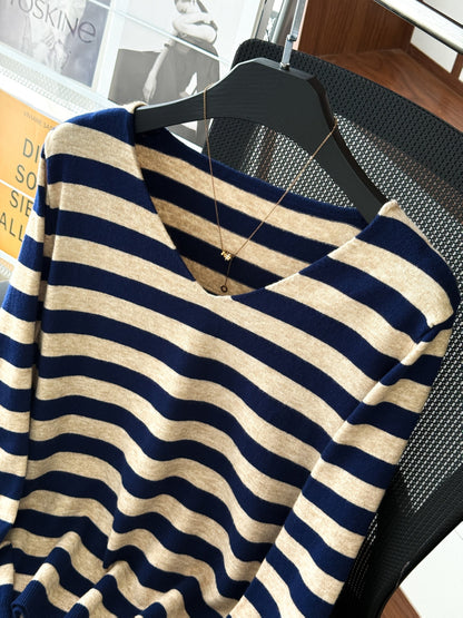 Damen Pullover V-Ausschnitt Gestreift Beige Marineblau Langarm