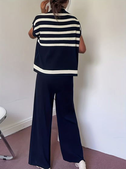 Damen Elegantes Streifen-Set mit weiter Hose und Kurzarm-Oberteil – Perfekt für Büro & Freizeit