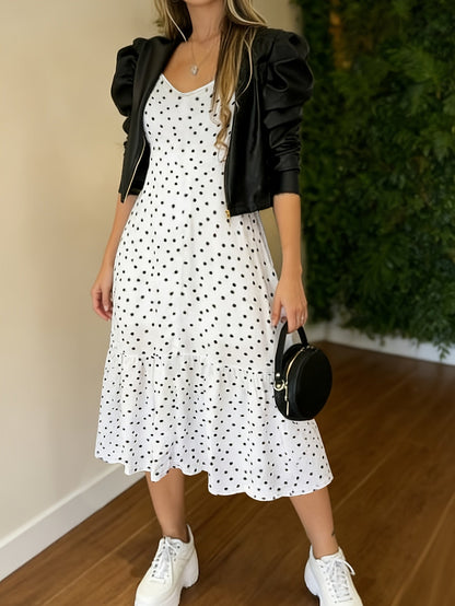 Damen Polka Dot Midikleid mit V-Ausschnitt und Rüschen – Eleganter Freizeit- und Party-Look
