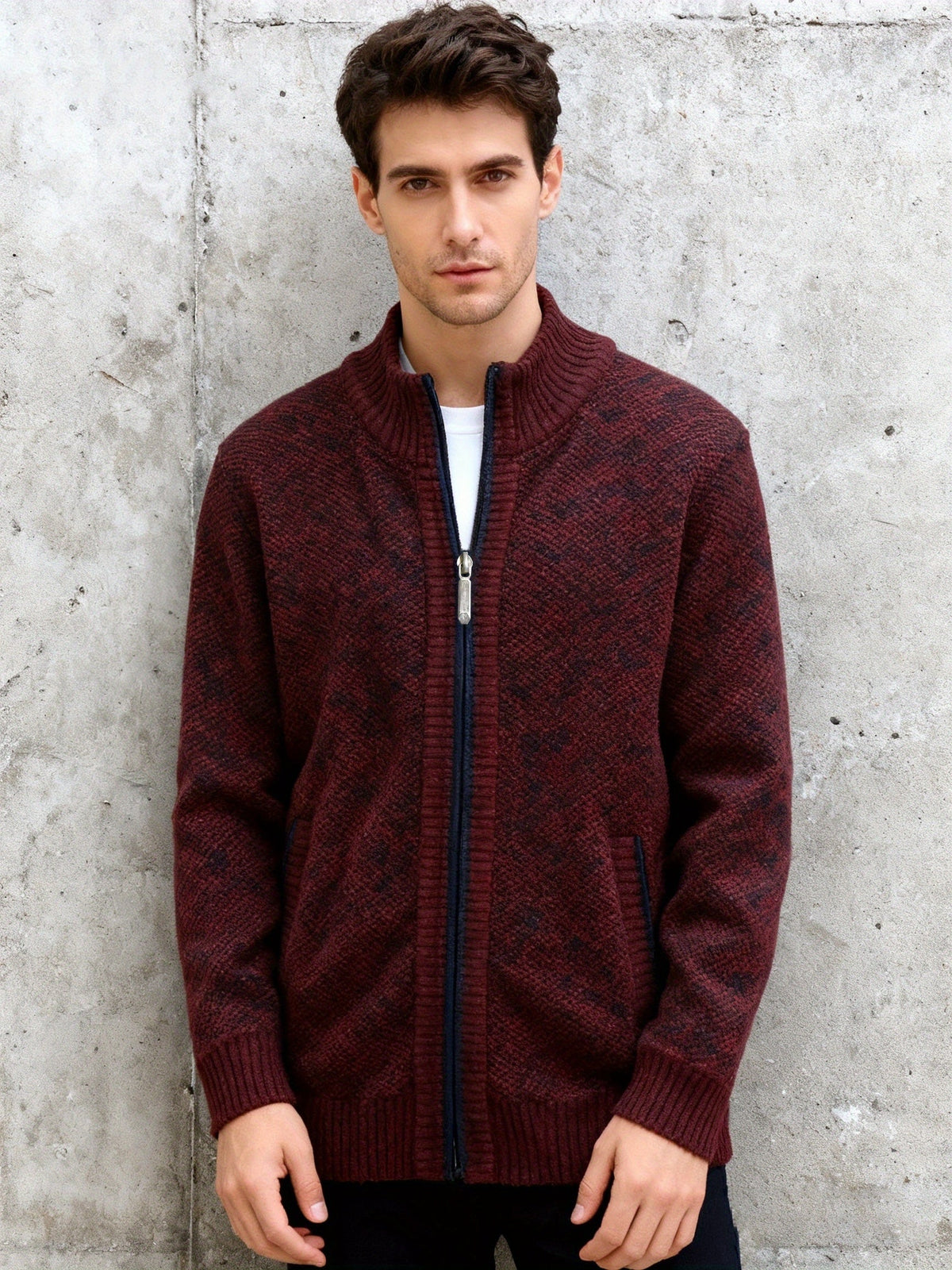 Herren Strickjacke mit Reißverschluss Stehkragen und Taschen meliert
