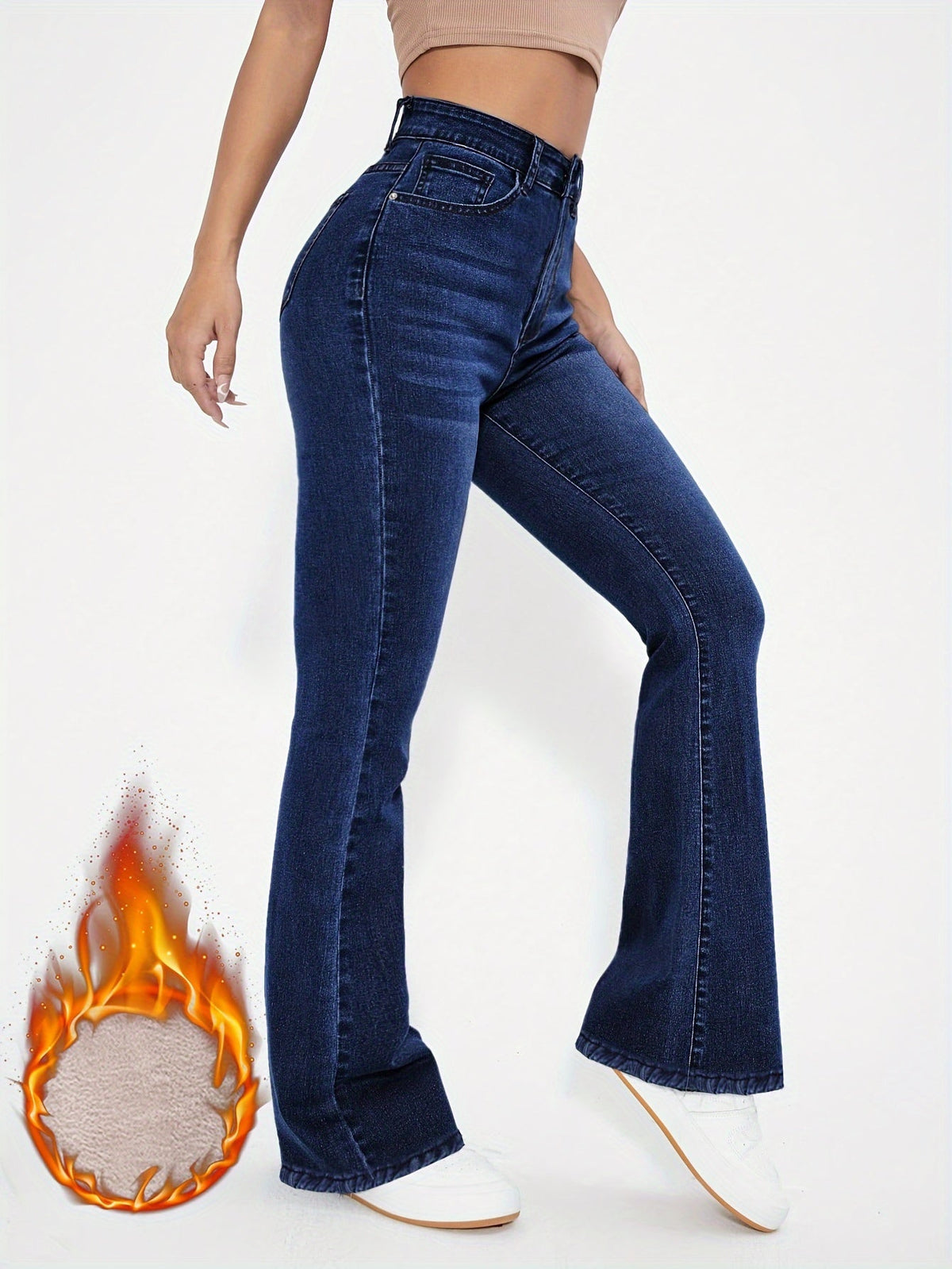 Damen Jeans Dunkelblau Bootcut High Waist Winterfutter