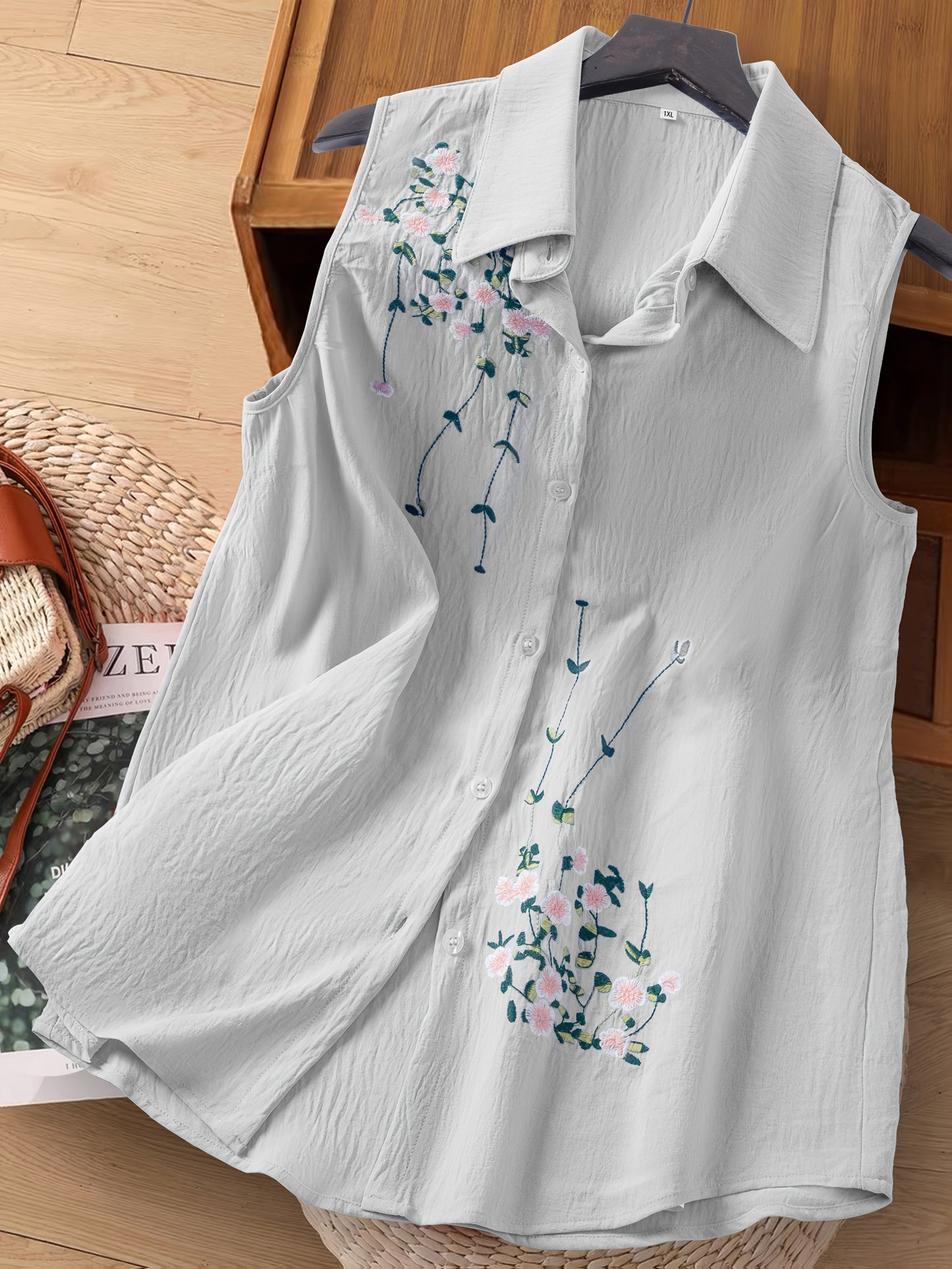 Damen ärmellose Bluse mit Stickerei – Eleganter Freizeitstil für Büro & Alltag