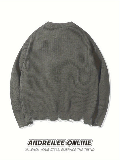 Unisex Strickpullover mit Kreuzstich-Details und Used-Look, Rundhals
