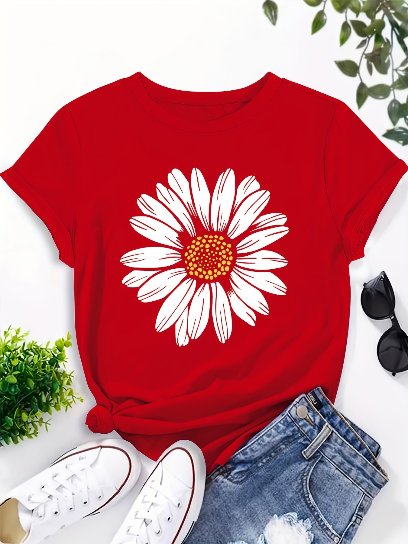 Damen T-Shirt mit Gänseblümchen-Print – Lässiges Sommer Oberteil im Boho-Stil