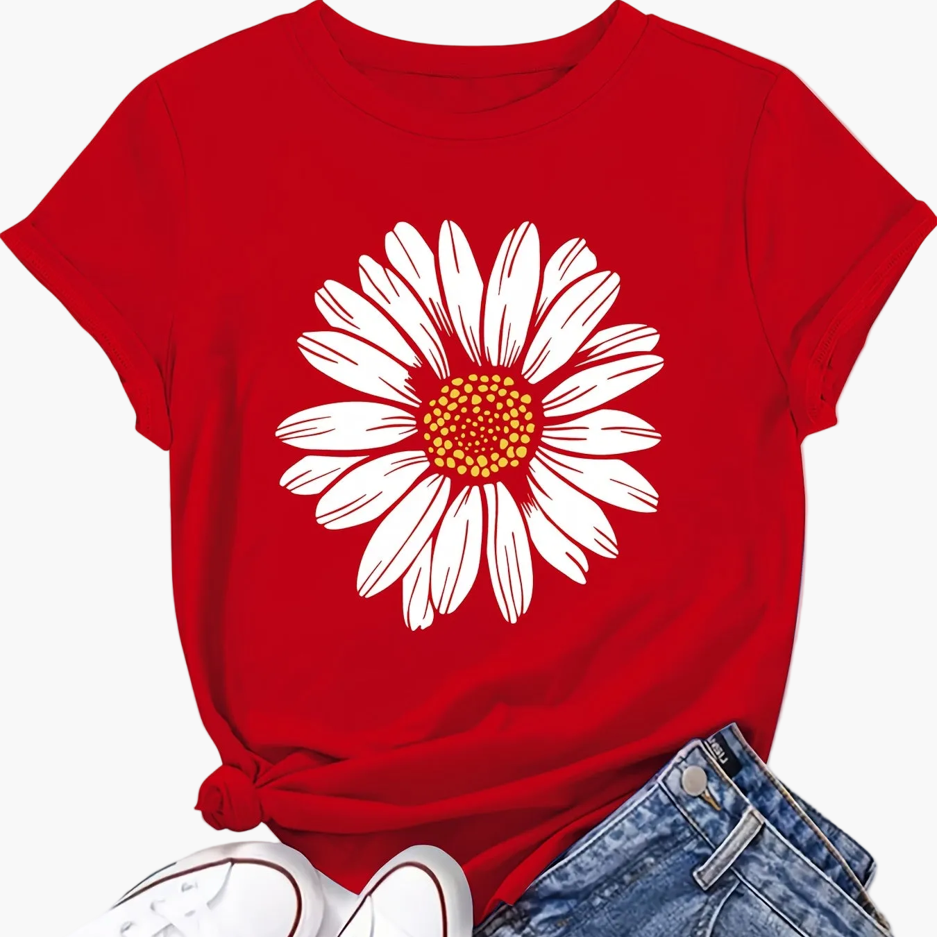 Damen T-Shirt mit Gänseblümchen-Print – Lässiges Sommer Oberteil im Boho-Stil