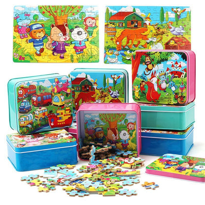 Kinder Holzpuzzle Set mit Aufbewahrungsbox – Lernspielzeug für Jungen und Mädchen, Tier- und Fahrzeugmotive, ab 3 Jahren