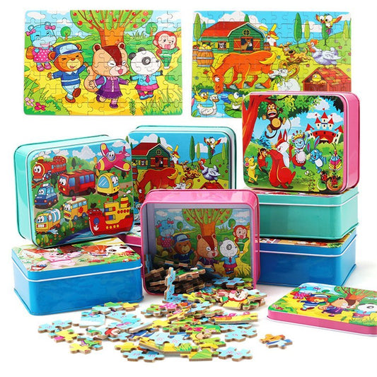 Kinder Holzpuzzle Set mit Aufbewahrungsbox – Lernspielzeug für Jungen und Mädchen, Tier- und Fahrzeugmotive, ab 3 Jahren
