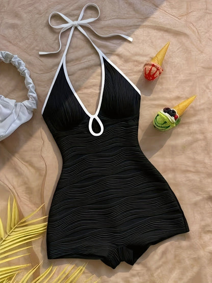 Damen Badeanzug mit Wellenstruktur und Boyshort-Schnitt – Eleganter Einteiler für Strand und Pool
