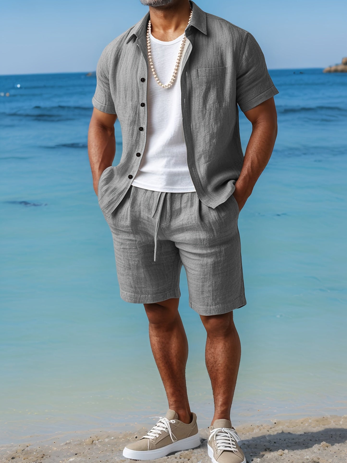 Herren Leinen-Look Strand Outfit Set – Kurzarm Hemd & Shorts, Lässig Sommer Boho