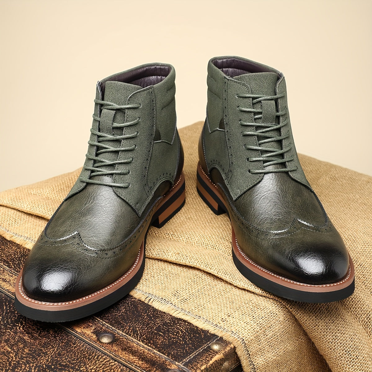 Herren Brogue Stiefel mit Schnürung, Ankle-High, Zweifarbiger Look