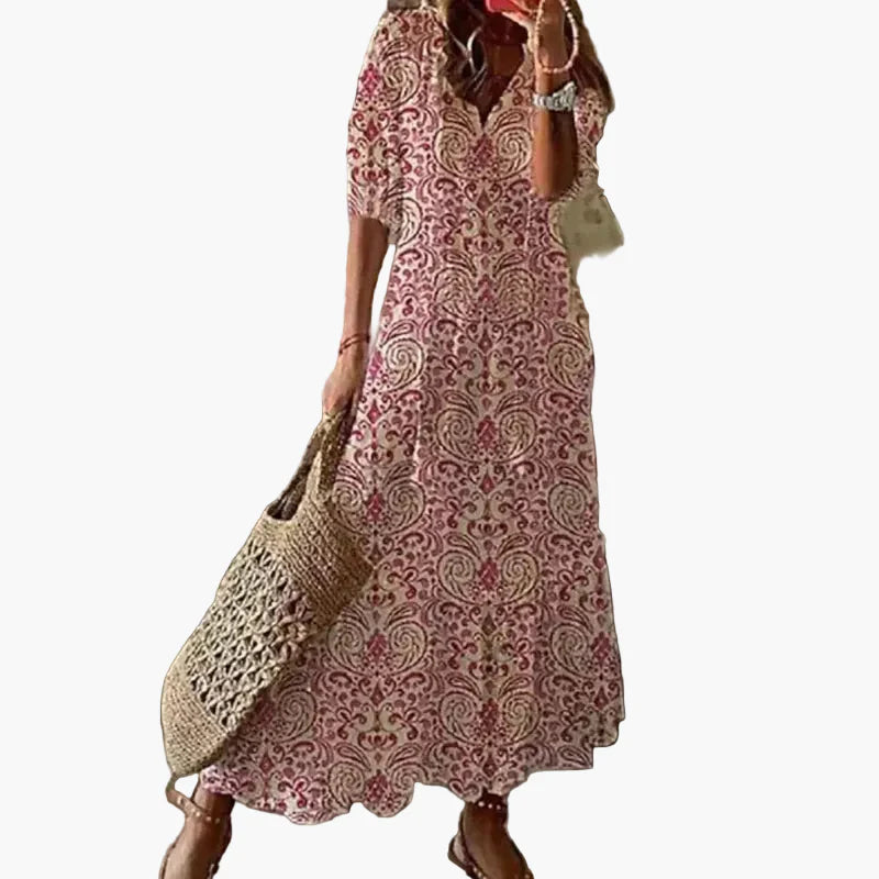 Damen Boho Maxikleid Sommer Freizeitkleid mit Blumenmuster und V-Ausschnitt – Perfekt für Strand & Alltag