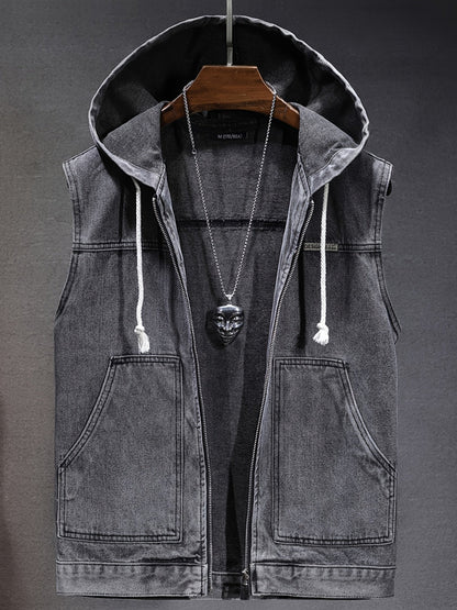 Jeansweste mit Kapuze Grau Unisex ärmellos Reißverschluss