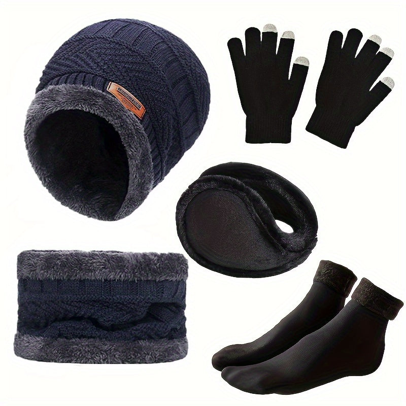 Winter Set Mütze Schal Handschuhe Ohrenschützer Socken Strick Fleece Warm Unisex