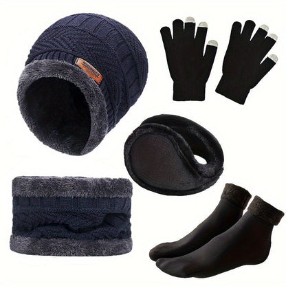 Winter Set Mütze Schal Handschuhe Ohrenschützer Socken Strick Fleece Warm Unisex