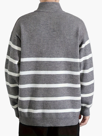 Herren Strickpullover mit Stehkragen und Reißverschluss – Gestreifter Casual Look für Herbst & Winter