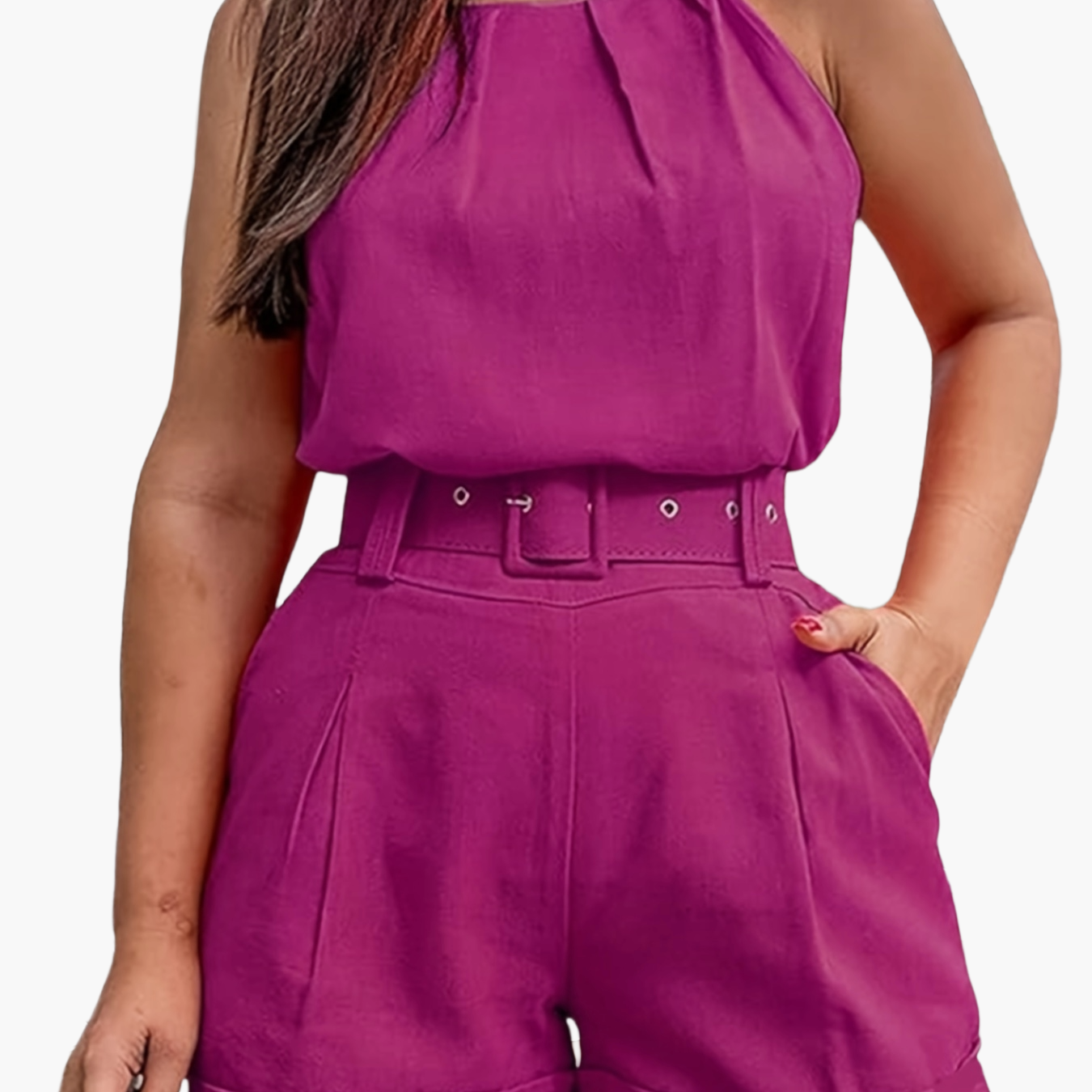 Damen Eleganter Zweiteiler Set – Ärmelloses Top und Shorts mit Gürtel, Perfekt für Sommer und Freizeit