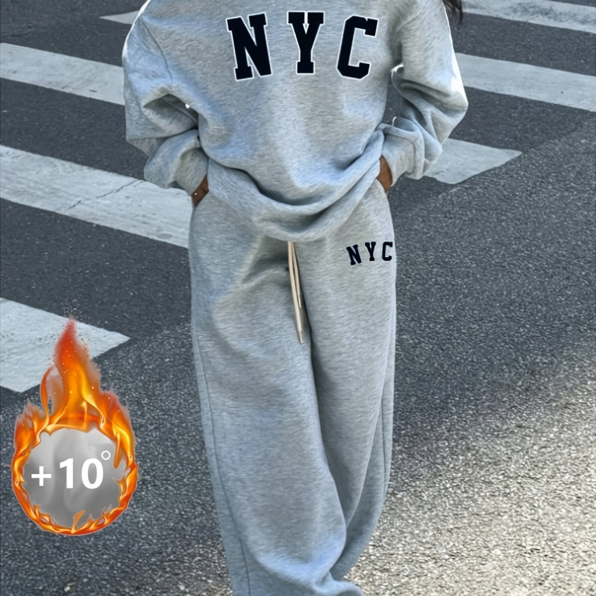 Damen Loungewear Set Grau Off-Shoulder Sweatshirt & Weite Hose NYC Print