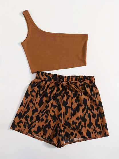 Damen Sommer Set mit One-Shoulder Top und High-Waist Shorts im Animal-Print – Elegantes Freizeit-Outfit