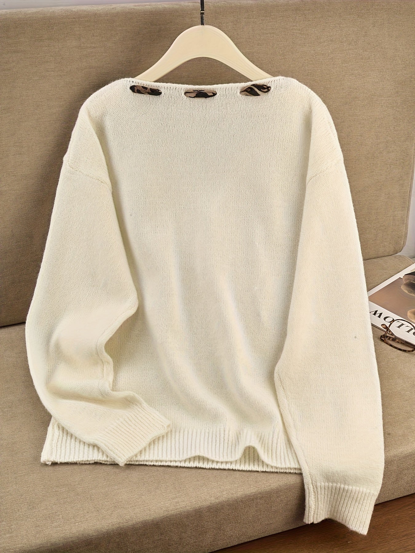 Damen Pullover Rundhals mit Leopardenmuster-Schleife