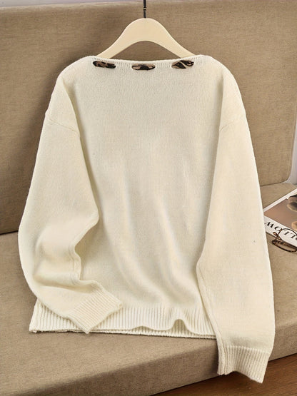Damen Pullover Rundhals mit Leopardenmuster-Schleife