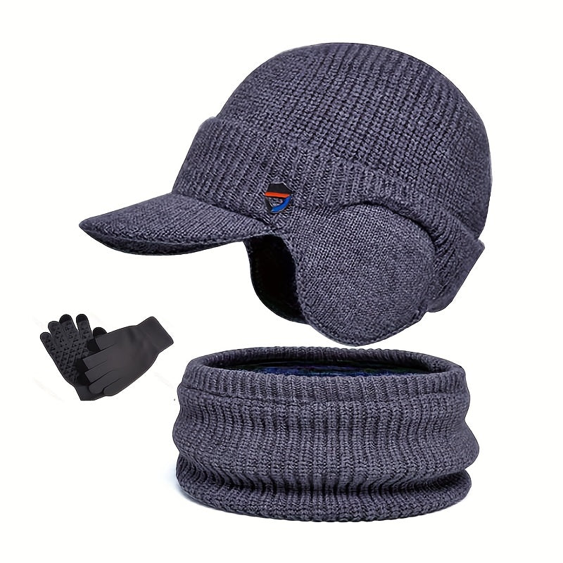 Unisex Winter Set Strickmütze mit Visier und Ohrenklappen, Rundschal und Handschuhe