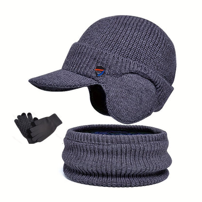 Unisex Winter Set Strickmütze mit Visier und Ohrenklappen, Rundschal und Handschuhe
