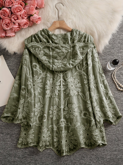 Damen Bluse Langarm mit Kapuze, Besticktes Blumenmuster, Knopfleiste