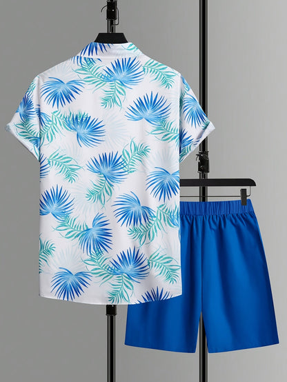 Herren Sommer Strand Set – Kurzarm Hemd und Shorts im tropischen Print, modisch & leger