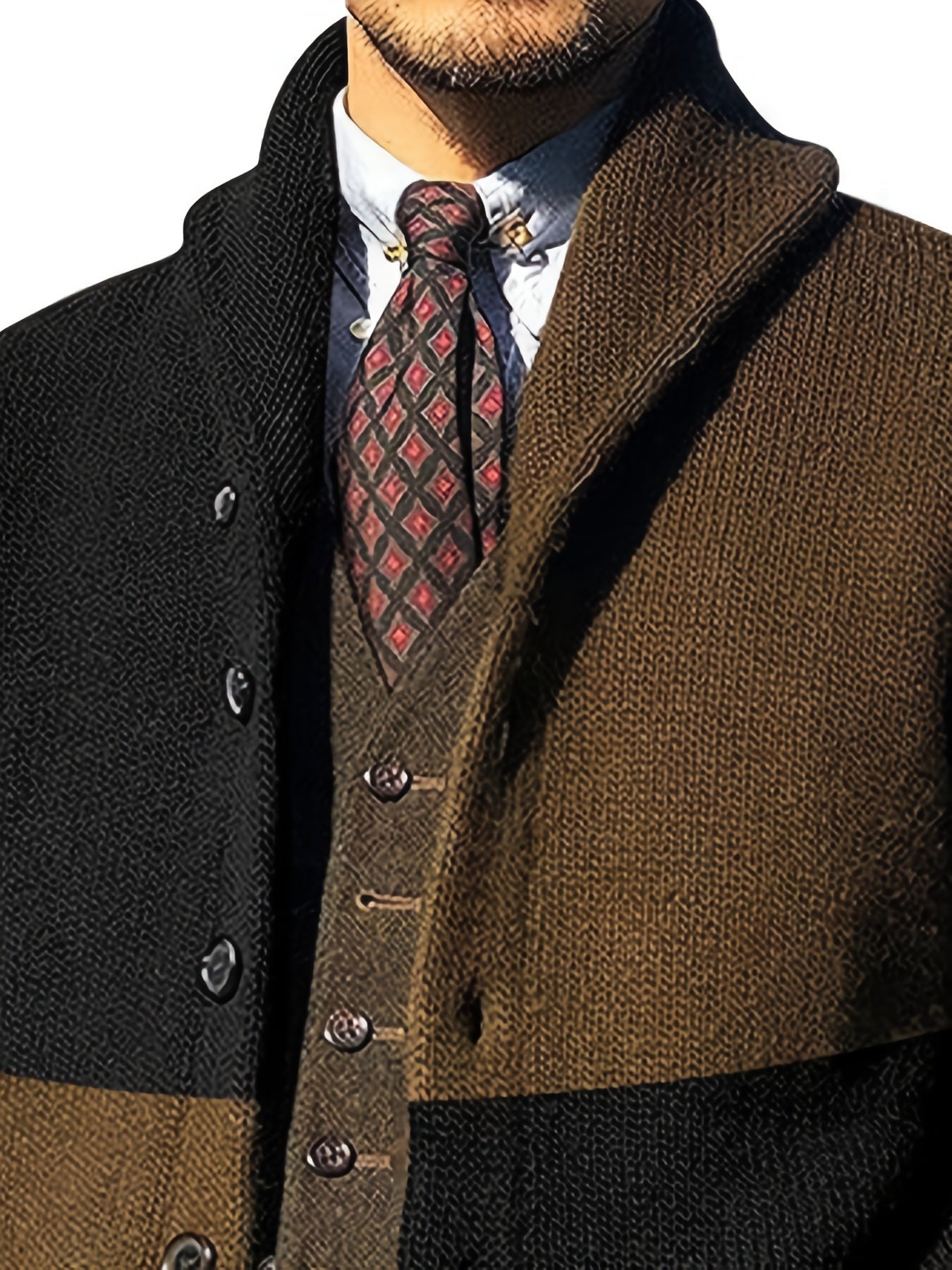 Herren Strickjacke mit Schalkragen, Zweifarbig, Knopfleiste, Lange Ärmel