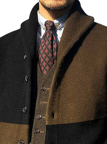 Herren Strickjacke mit Schalkragen, Zweifarbig, Knopfleiste, Lange Ärmel