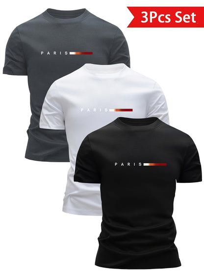 Herren T-Shirt 3er Set – Modernes Paris Print Design, Rundhals, Alltag & Freizeit